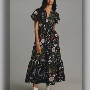 Anthropologie Somerset Maxi Dress, black with flowers, size L, EUC